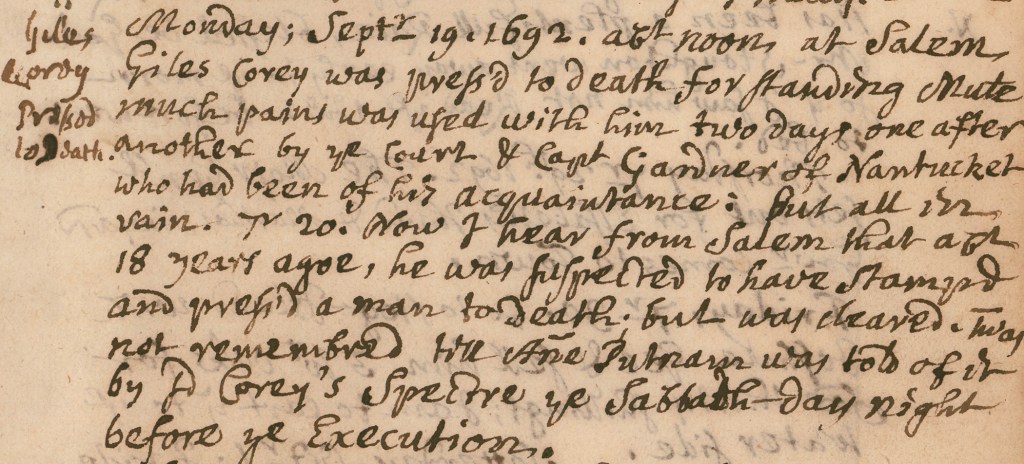A journal entry about Giles Corey's death