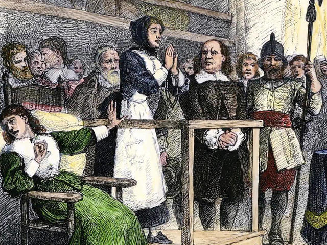 Antique rendering of a witch trial in Salem, 1692.